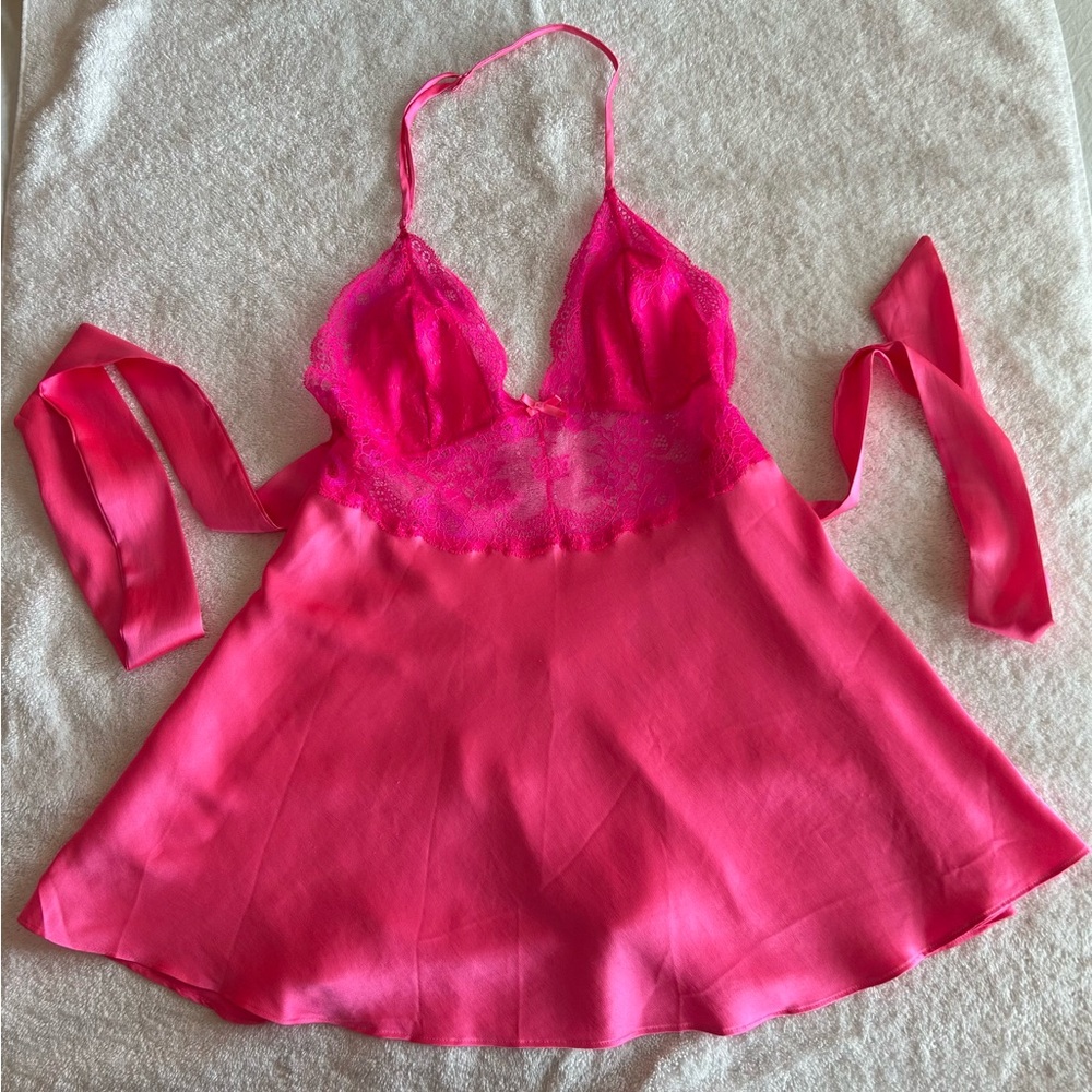 Vintage Victoria's Secret Hot Pink Lace Chemise Size M NWOT